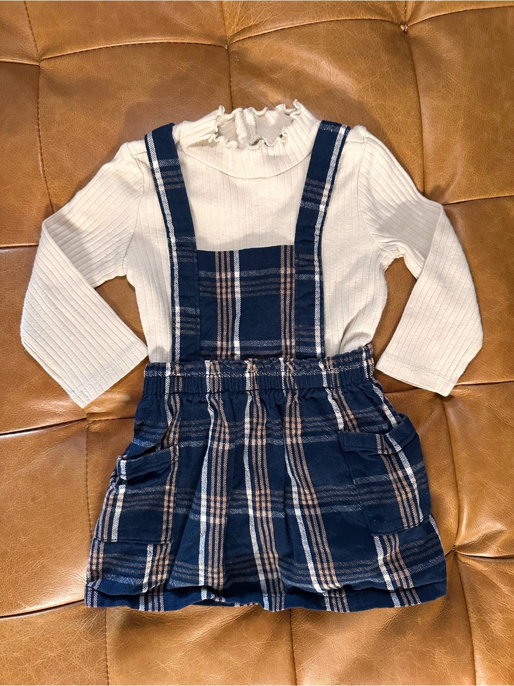 Baby Girl Fall Outfit Navy Plaid Suspender Skirt with Cream Top